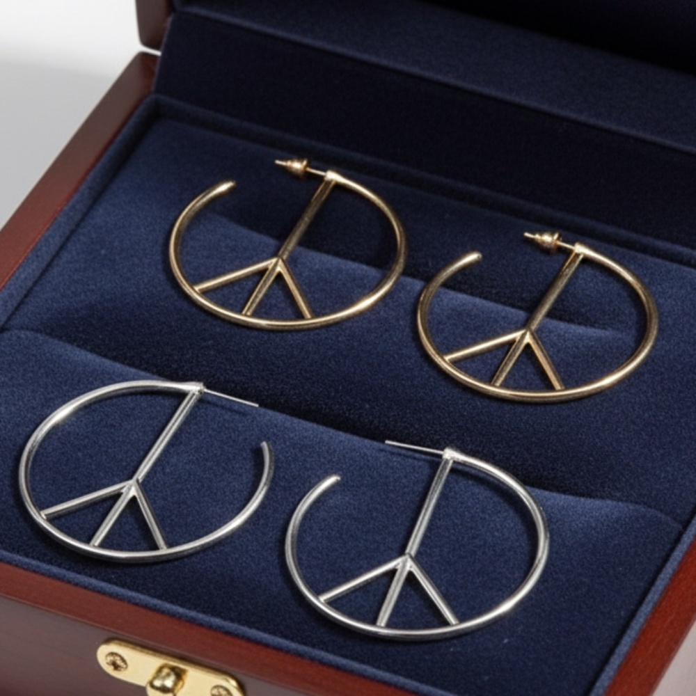 Womens‎ Gold or Silver Stainless Steel Peace Sign Hoop Earrings